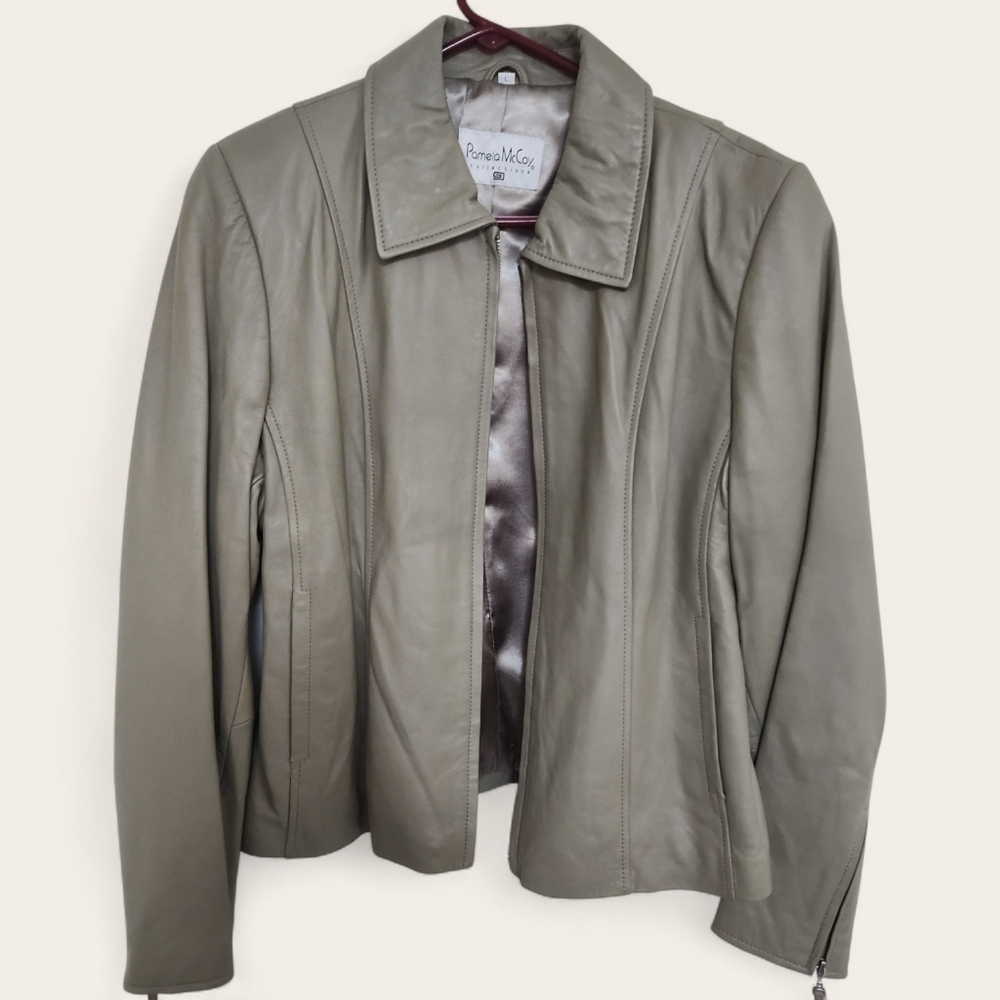 Vintage Pamela McCoy Women's Gray/Green Leather Jacket, L